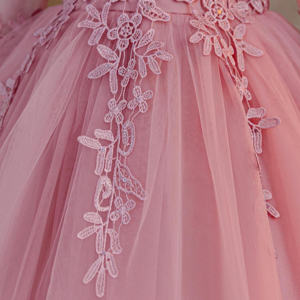 Children's Long Sleeve Evening Dress with Appliqué Mesh Puff Skirt