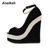 Aneikeh/летняя женская обувь, сандалии на платформе, сандалии-гладиаторы из флока, модные туфли на танкетке с пряжкой и ремешком, вечерние черные туфли на каблуке с круглым носком, размеры 35–42