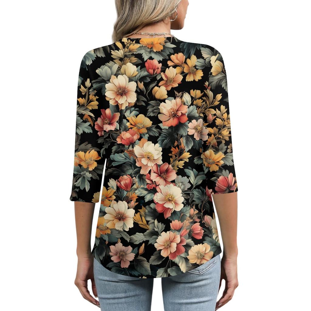 Women's Tops Three-quarter Sleeve Shirt V-neck Loose Casual Shirt Print T-shirt