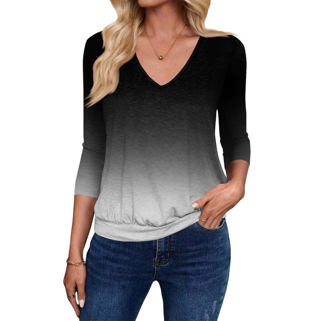 Women's Fashion Casual V-Neck Three-Quarter Sleeve Print Top