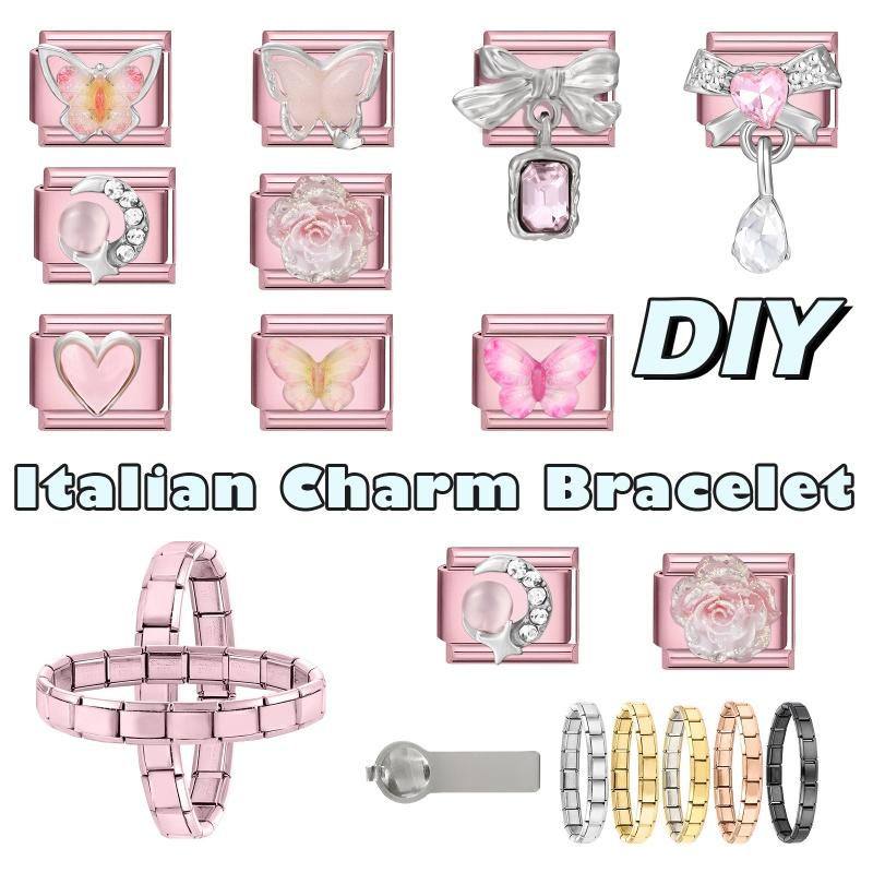 Y2K Zircon Bow Butterfly Heart Moon Pink Purple Blue Italian Charm Links Fit 9MM Stainless Steel Bracelet Women DIY Making Gifts