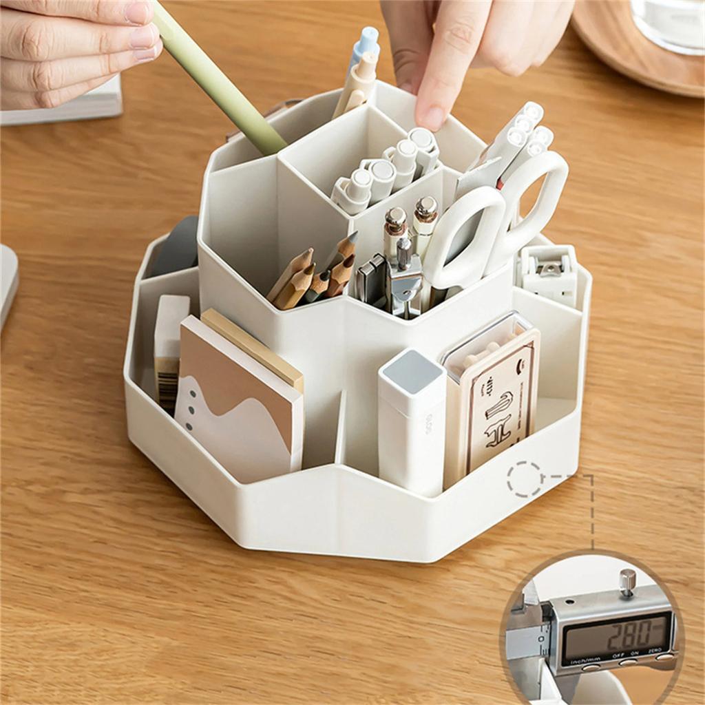 Large Capacity Desk Pencil Storage Box 9-Grid Stationery Organizer Pen Stand 360°Rotatable Pen