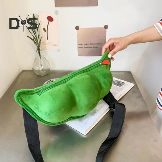 Сумка через плечо в форме зеленой сои, плюшевая сумка на молнии, нагрудная сумка с регулируемым ремнем для походов и активного отдыха на свежем воздухе