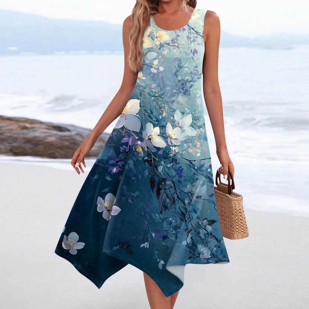 Женское повседневное модное платье средней длины с круглым вырезом без рукавов с винтажным цветочным принтом и неровным подолом