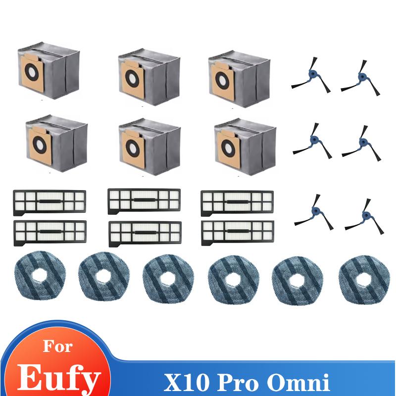 Запасные части для Eufy X10 Pro Omni: основная щетка, салфетка для мытья полов, боковые щетки, HEPA-фильтры, мешки для пыли