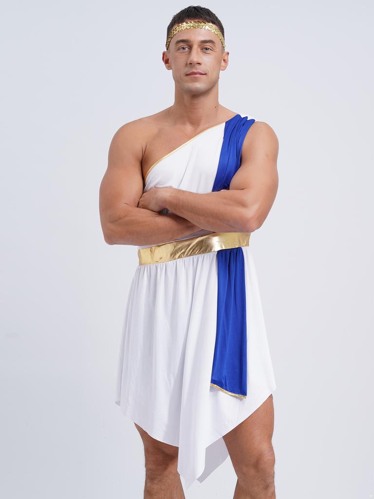Мужской римско-греческий наряд для ролевых игр, маскарадный костюм на Хэллоуин, платье на одно плечо, халат с повязкой на голову, комплект