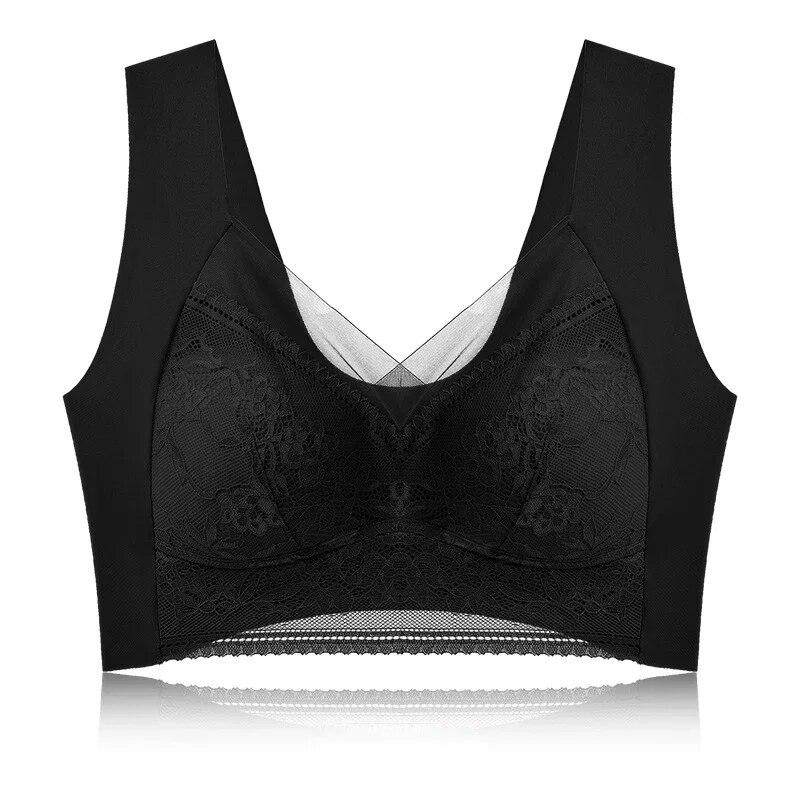 Sexy Lace Bras for Women Perspective Full Cup Solid Color Brassiere V-Neck Seamless Crop Top Female Push Up Breathable Lingerie
