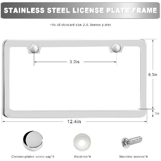 2PCS License Plate Frames, 2 Holes Rust-Proof Metal Car Tag Holder with Washers Screws Chrome Caps, Heavy Duty Stainless Steel Polished Frame for