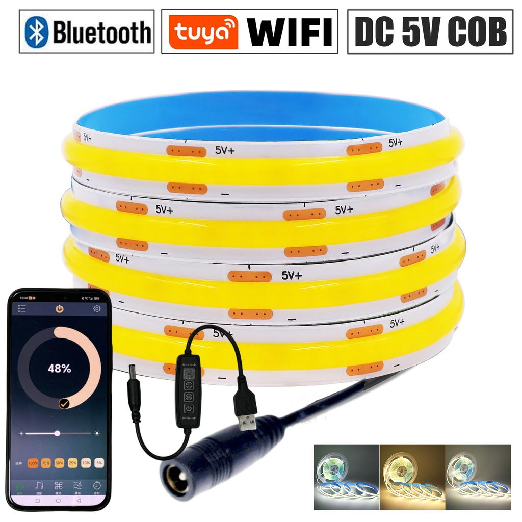 Smart WiFi Bluetooth COB LED Strip Light 5V USB Dimmable 3000K 4000K 6000K White Cabinet Lighting With Remote Control
