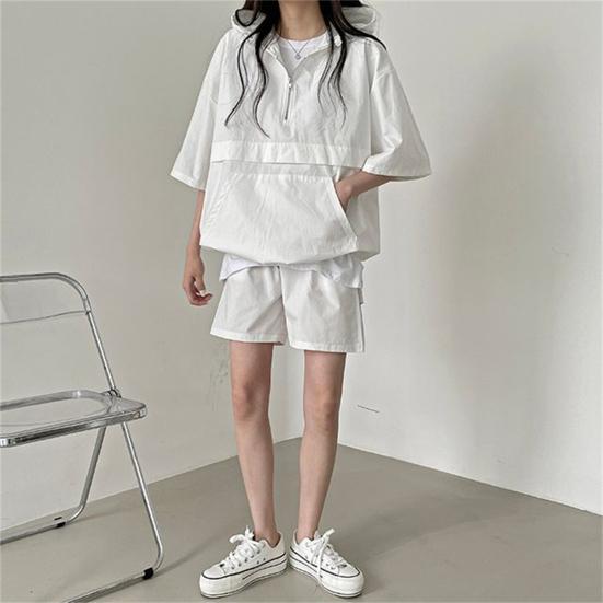 2 Pcs/Set Women Hoodie Shorts Set Half Zipper Hooded Three-quarter Sleeve Loose Big Pocket