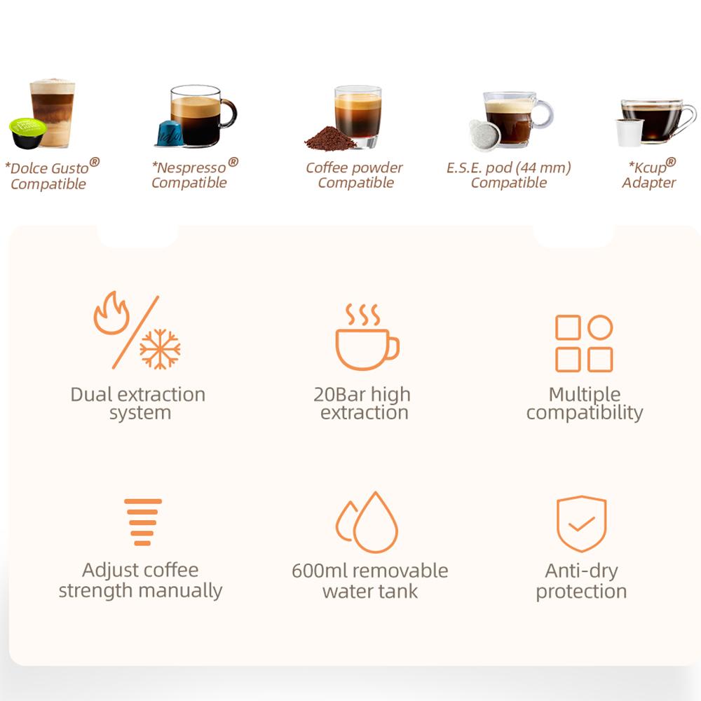 HiBREW Кофеварка H2B 5 в 1 с несколькими капсулами для холодного и горячего кофе (Серый)