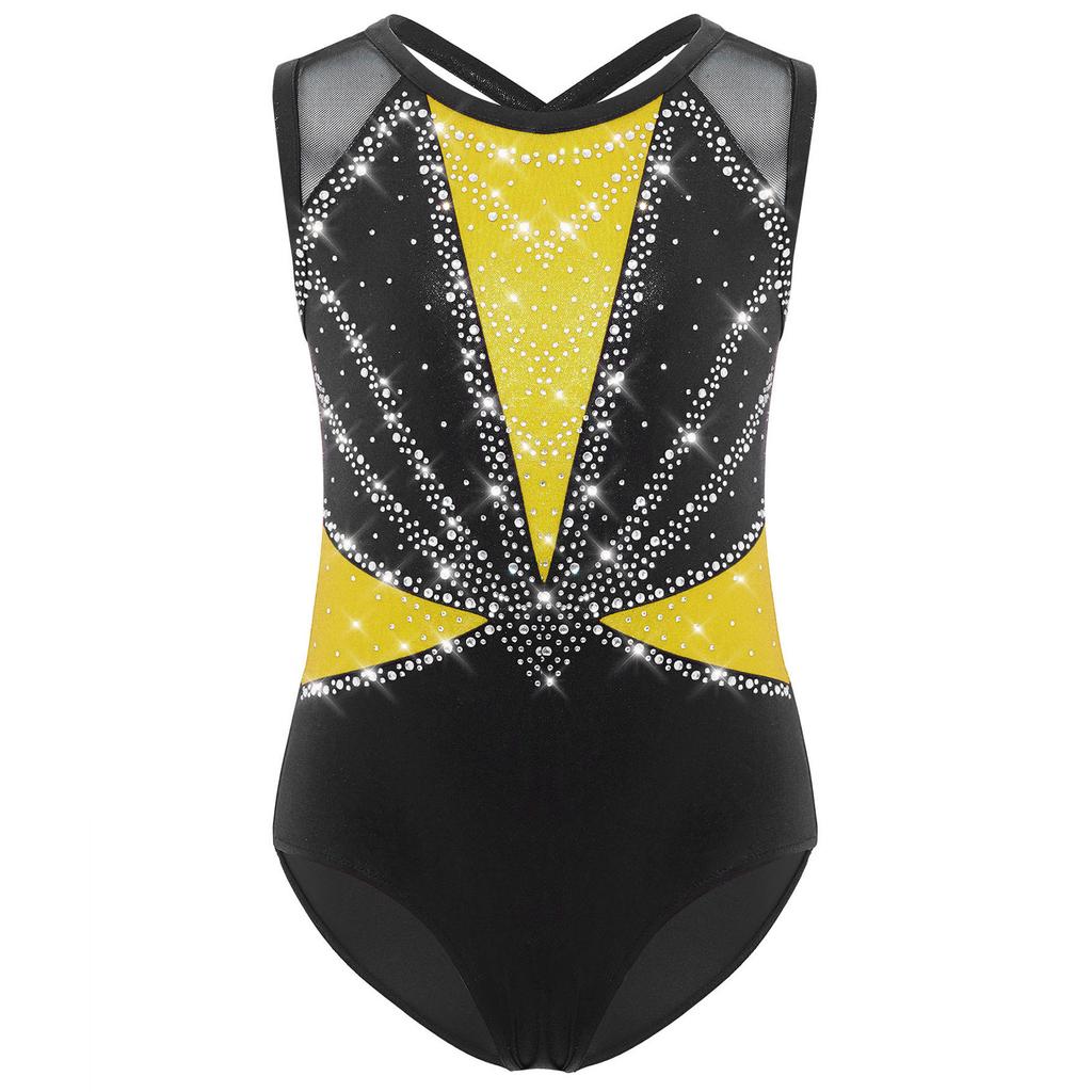 Детский купальник для девочек с перекрещивающимися бретелями на спине, без рукавов, с круглым вырезом, блестящими стразами, металлический танцевальный костюм
