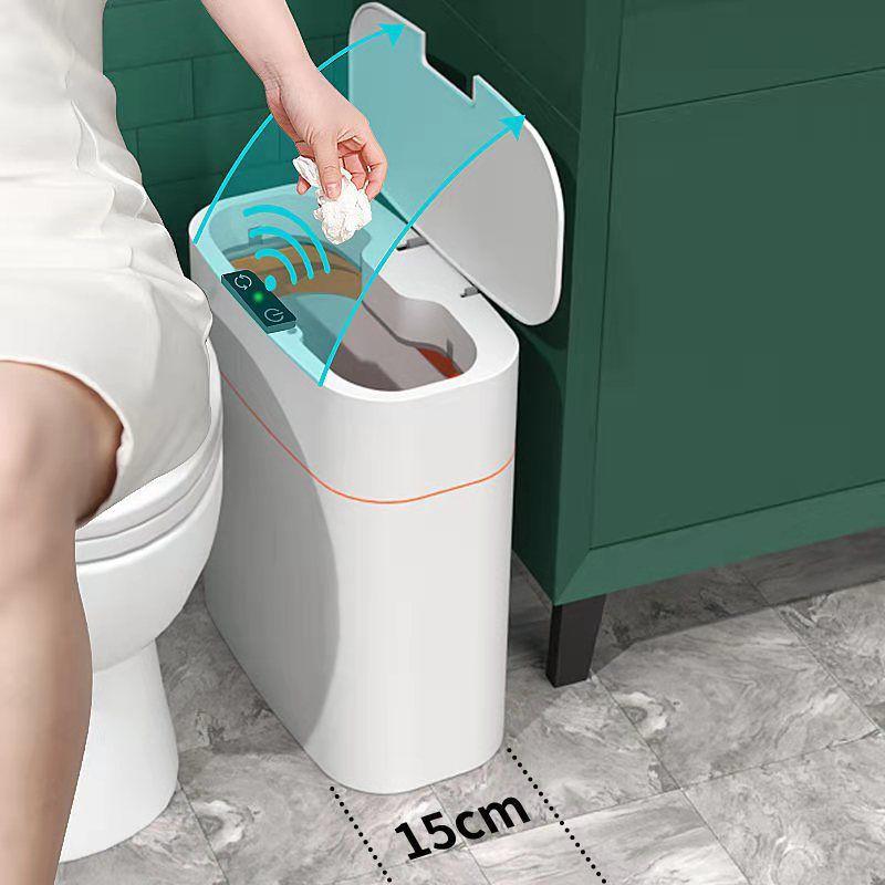 Luxury Smart Induction Trash Can with Automatic Lid: Narrow Electric Wastebasket for Bathroom and Toilet Paper Storage.
