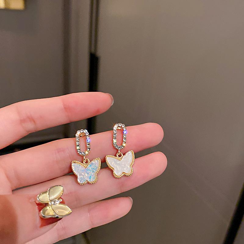 Silver Needle Korean Style Zircon Shell Butterfly Stud Earrings, Mori Ins Niche Simple Cute Super Fairy Earrings for Women