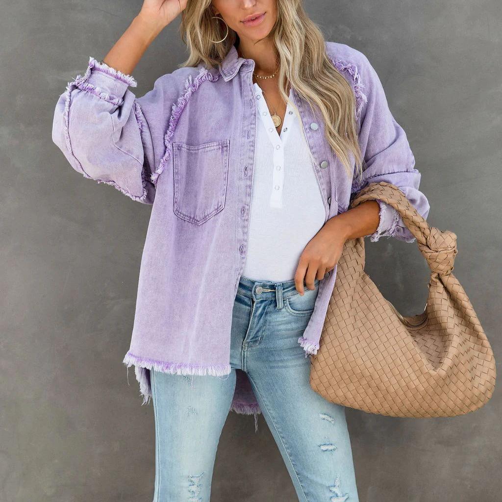 YYFS Осенняя женская джинсовая куртка с длинным рукавом, свободная куртка миди с необработанным краем