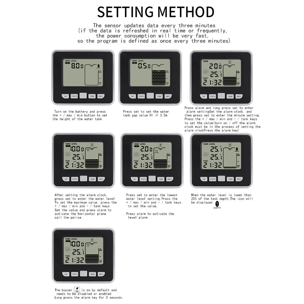 1 шт. Ультразвуковой беспроводной измеритель уровня жидкости в резервуаре для воды с датчиком температуры, монитор уровня, дисплей времени, индикатор низкого заряда батареи, сигнализация