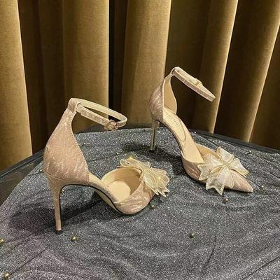 Сандалии женские летние 2024 новые туфли подружки невесты со стразами и бантом на высоком каблуке с острым носком женские туфли на шпильке