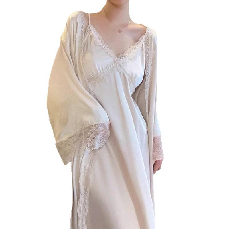 [Strict Selection] Deep V-neck sexy ice silk pajamas summer pure desire temperament morning robe with chest pad lace hanging skirt