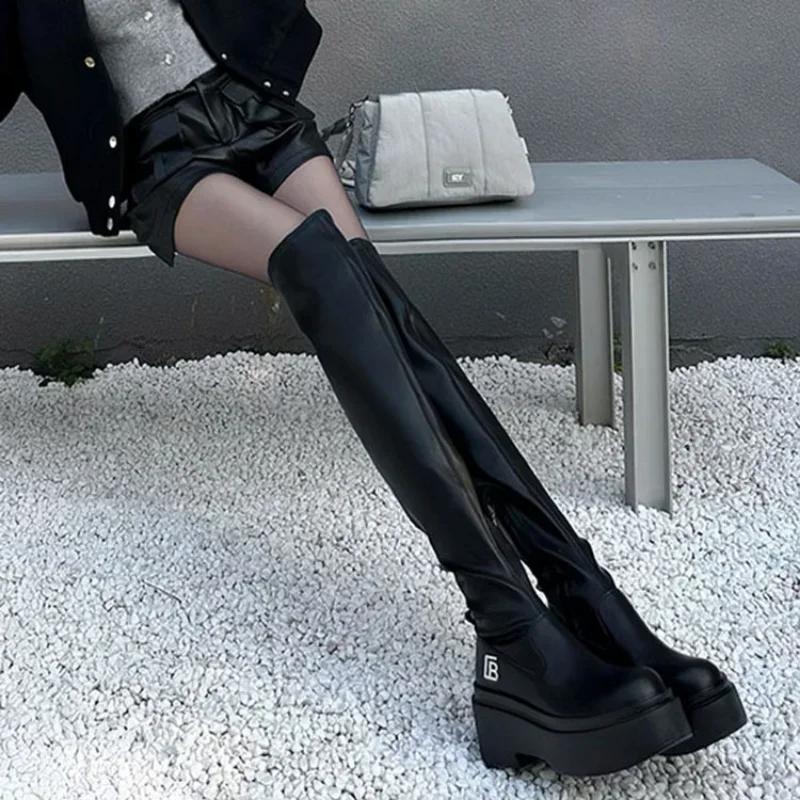 Женские сапоги выше колена на высоком каблуке, осенне-зимние, новые, на платформе, из искусственной кожи, высокие сапоги, женские, с пряжкой, черные, длинные, Botas