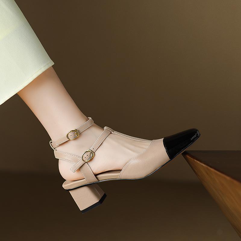 Мода Размер 34-40 Женские Сандалии Натуральная Кожа Т-образный Ремешок Квадратный Носок Высокий Каблук Летняя Обувь 2025 Ins Винтаж Офис Повседневные Каблуки Женские