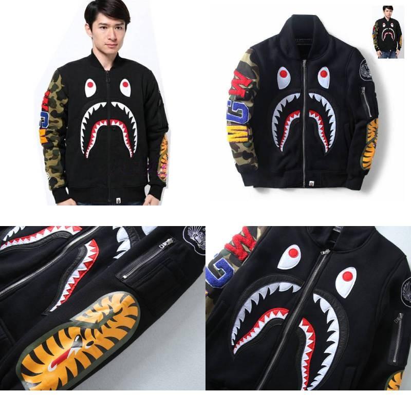 Shark Print Bomber Jacket For Men With Windproof Fabric For Casual Daily Wear
