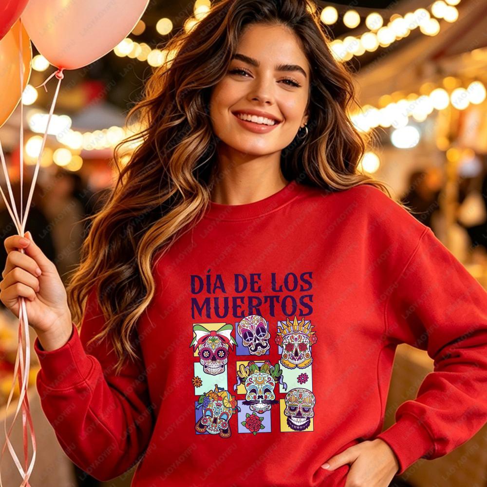 Día De Los Muertos Crewneck Hoody Day of the Dead Sugar Skull Design Sweatshirt La Catrina Mexican Halloween Women's Pullover