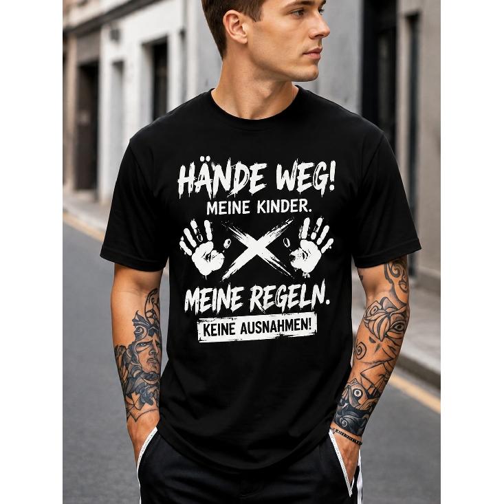 Men's black short sleeve t-shirt with bold german graphic print, crew neck, relaxed fit, soft cotton feel, edgy handprint design for casual
