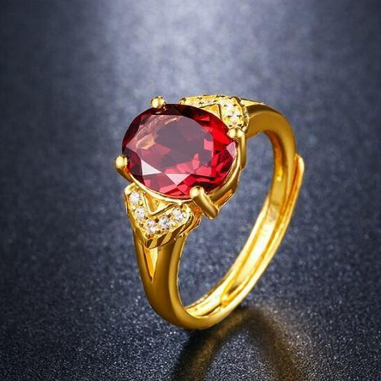 Gold-Plated Ruby Crystal Adjustable Couple Ring - Women's Luxury Design