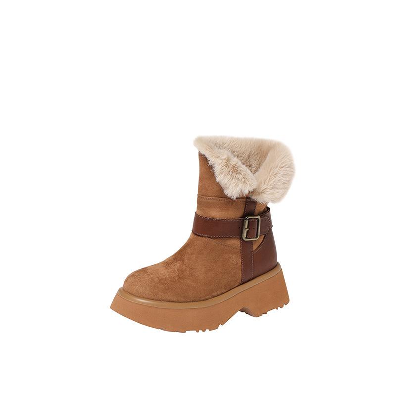 Sheepskin Integrated Snow Boots Women'S Retro Round Head Flat Bottom Velvet Medium Tube Snow Cotton But Knee Boots