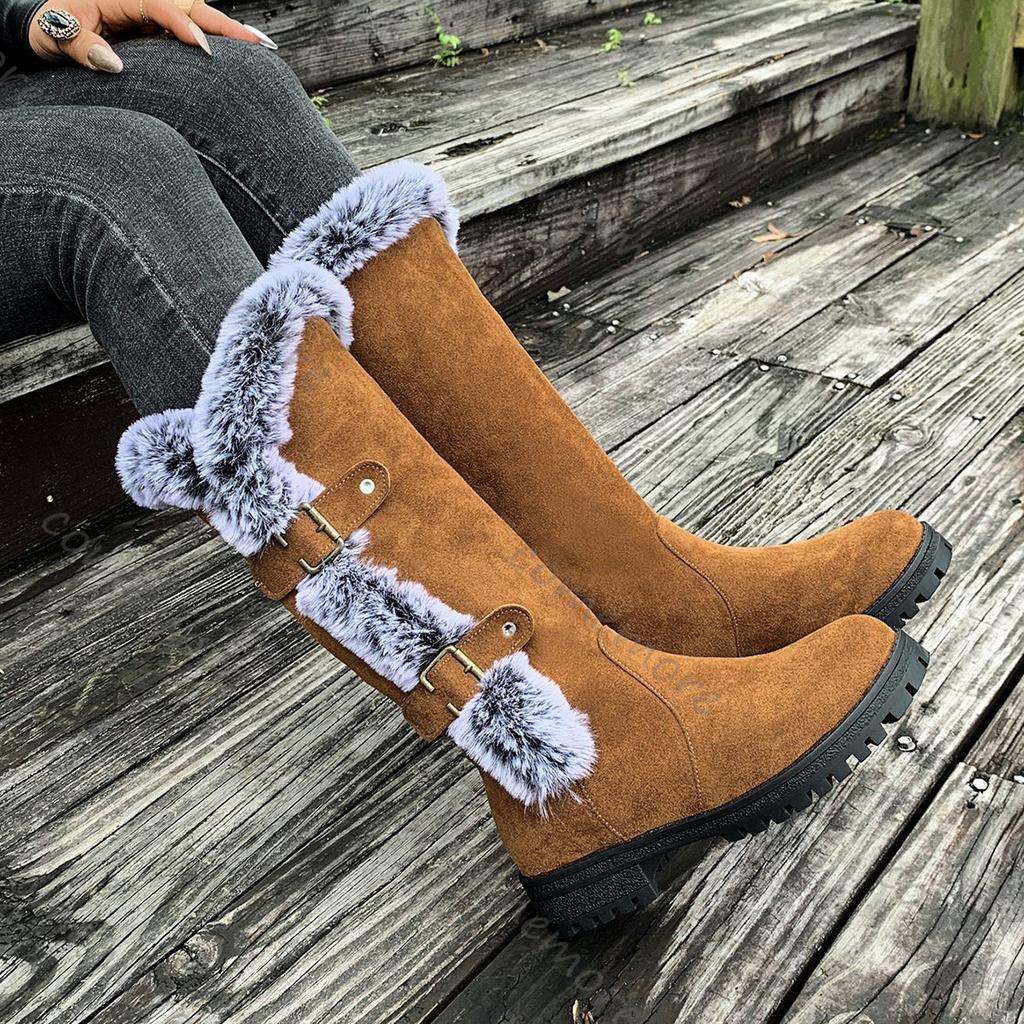 Fashion Comemore Winter Shoes for Women Velvet Thickened Snow Boots Thick Heel Round Toe Casual Belt Buckle Furry Mid-calf Boots Females