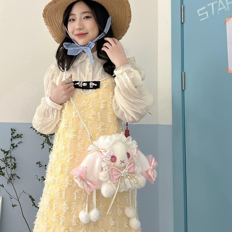 Sweet and cute doll plush small bag bow rabbit drawstring bucket bag soft cute girl messenger bag