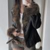 Faux Fur Patchwork Pu Leather Jacket Luxurious Furry Collar Warm Long Sleeve Coats Winter Chic V-neck Cardigan Thick Outerwear