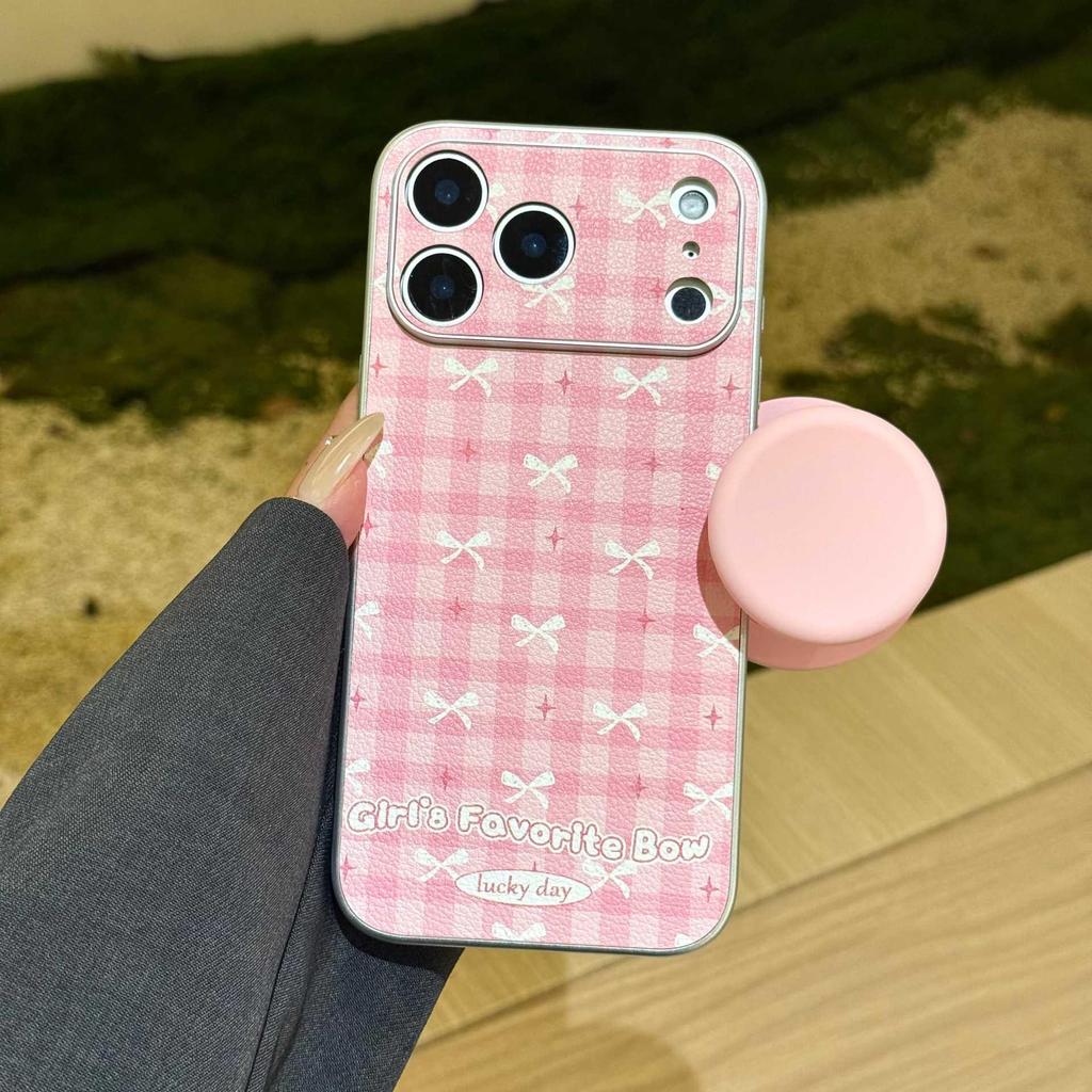 Pink Plaid Bow Magnetic Stand iPhone Case for Models 14, 15 Pro Max, 16, and Apple 17