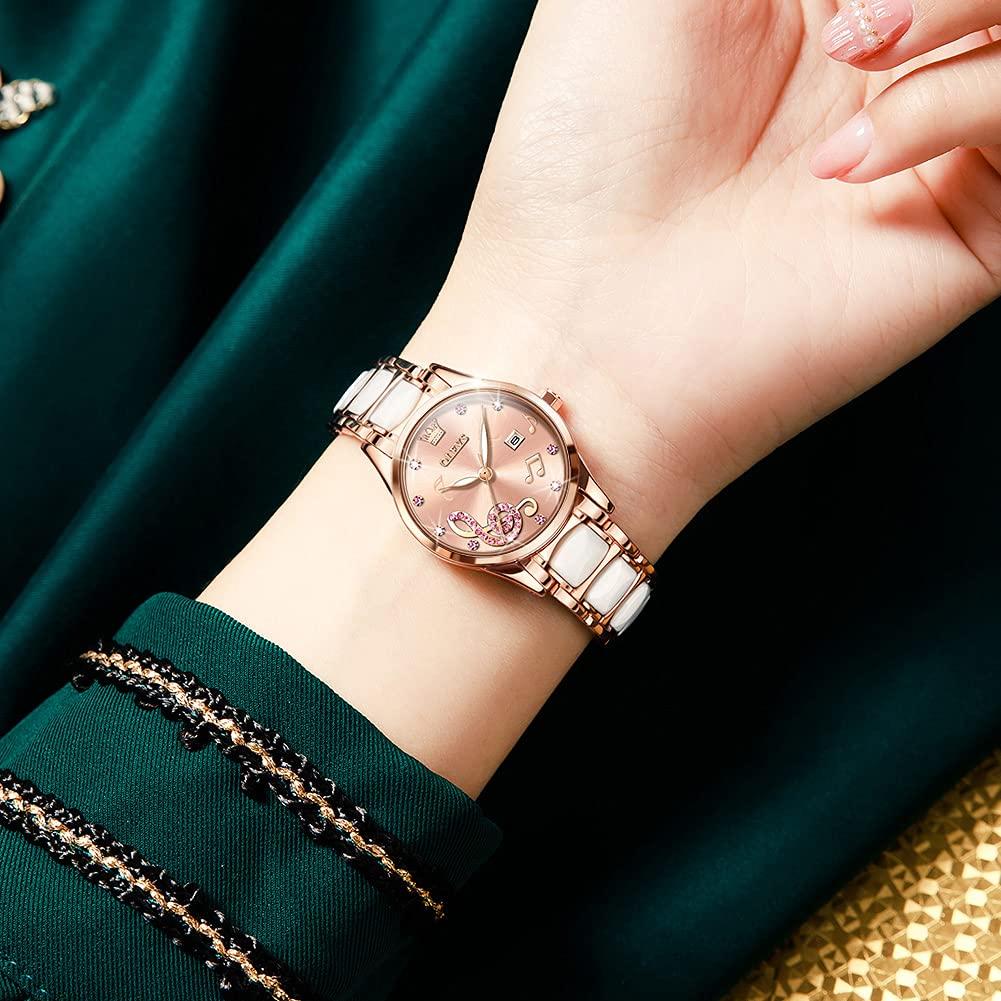 OLEVS Женские часы, розовые, симпатичные, популярные, водонепроницаемые, светящиеся, розовое золото, японский механизм, браслет в комплекте, керамика, легко читаемые, дата