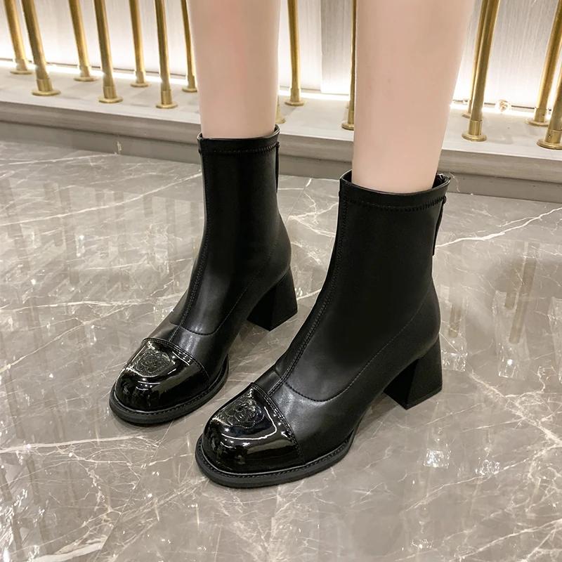 Elegant Modern Boots Women's Shoes 2024 Winter Hot Sale Ankle Women's Boots Sewing Square Toe High Heels Back Zip Shoes Ladies