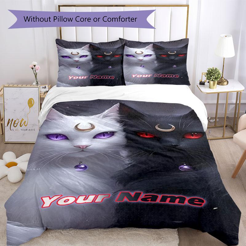 3pcs Custom Name "Cat Moon Magic" Bedding Set Printed Bedding Set Duvet Cover Closure Includes 1 Duvet Cover & 2 Pillowcases Bedroom Decor