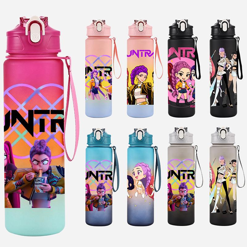Cartoon K-Pop Demon Hunters Printed 750Ml Water Bottle Large Capacity Drinking Cup Portable Outdoor Sports Water Cup Children Gift
