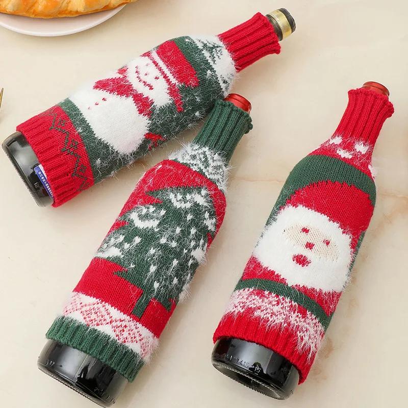 Cute Knitted Wine Bottle Cover Christmas Table Decoration Cartoon Santa Claus Snowman Pattern Red Wine Bottle Decor Xmas Gift