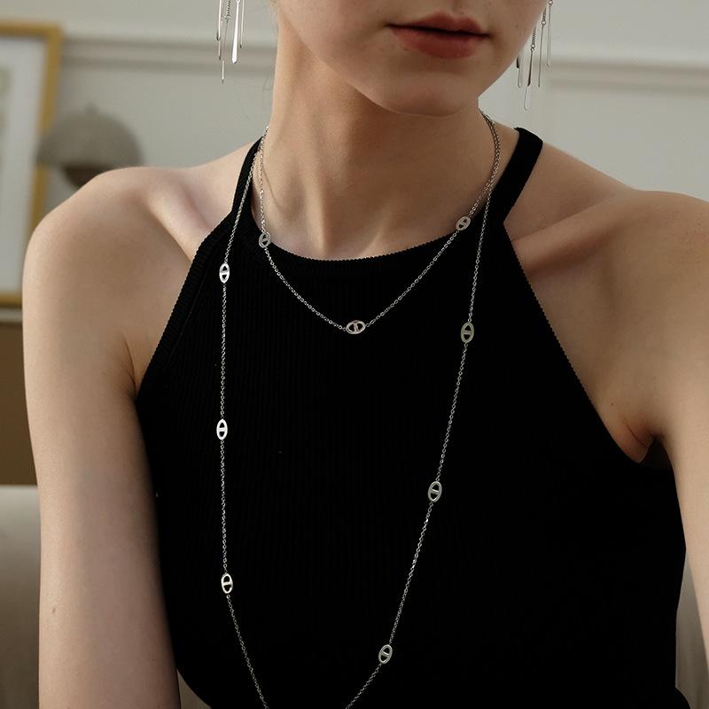 Elegant Double-Layer Titanium Steel Necklace: Women's Long, Non-Fading, Multi-Layered Sweater Chain