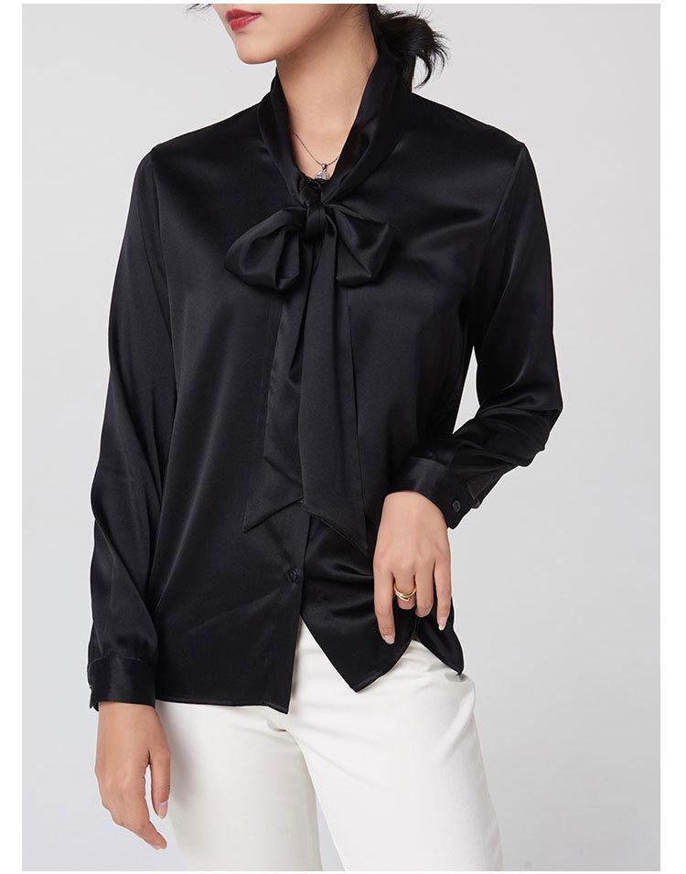 Heavyweight Mulberry Silk V-Neck Bow Blouse - Women's Long Sleeve Shirt for Autumn & Spring