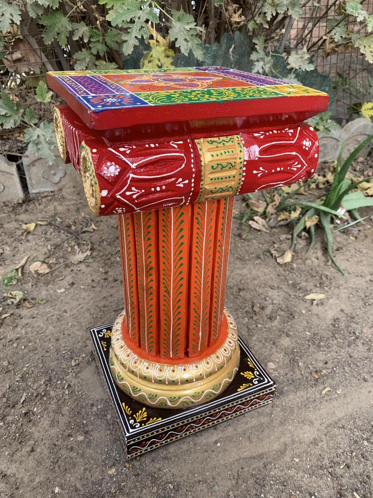 Hand Painted Wooden Chowki Pedestal Table | Indian Folk Art Statue Stand