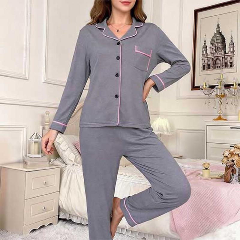 Womens Soft Lightweight Pajama Set Long Sleeve Turn-Down Collar Top Pants Comfortable Home Loungewear Fall