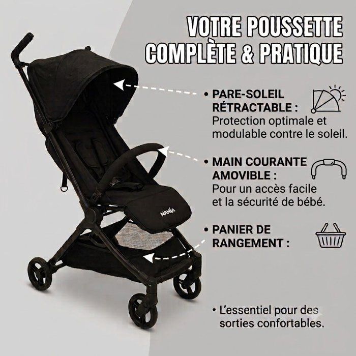 NANIA - Poussette ultra-compacte - Babyjet - Sac de transport inclus - 4 roues - Noir