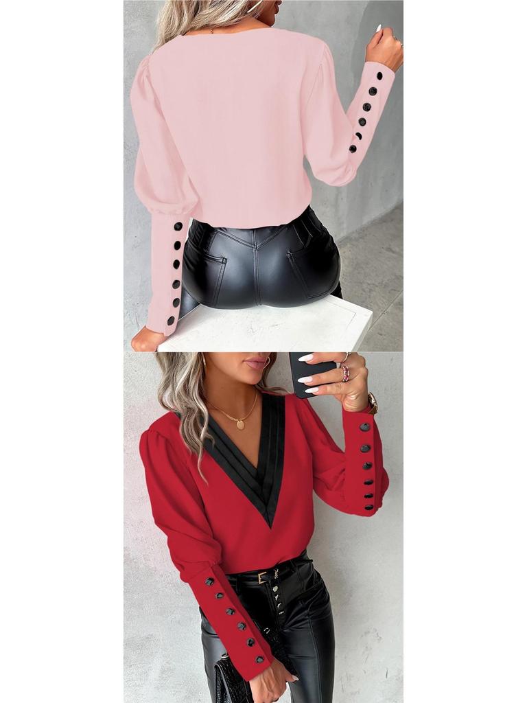 2026 Autumn Fashion V-Neck Solid Color Long Sleeve Button-Up Women's Shirt