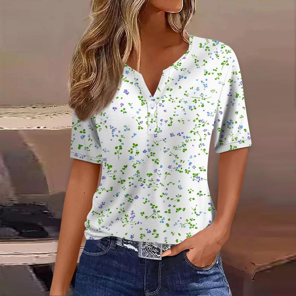 Women's T Shirt Print Button Short Sleeve Daily Weekend Fashion Basic V- Neck Regular Top