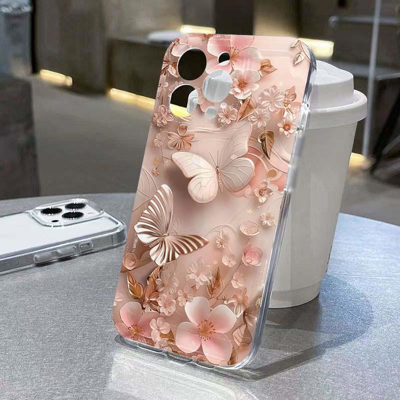 Креативный чехол для телефона с узором «Бабочка и цветок» для iPhone 11 12 13 14 15 16 17 Pro Max XS X XR 7 8 Plus 16e Прозрачная мягкая крышка