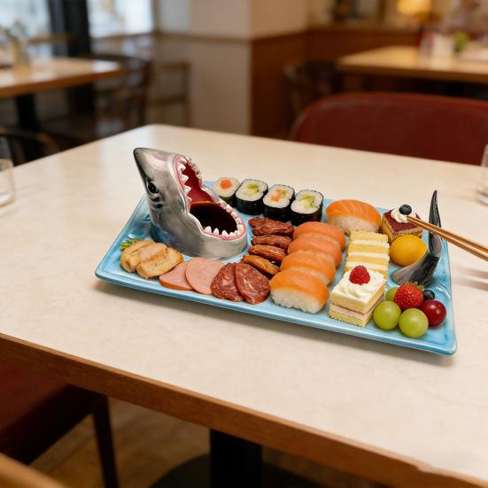 Shark Sushi Plates Handmade Ceramic Shark Shaped Appetizer Tray with Soy Sauce Bowl & Chopstick Rest Microwave & Dishwasher Safe