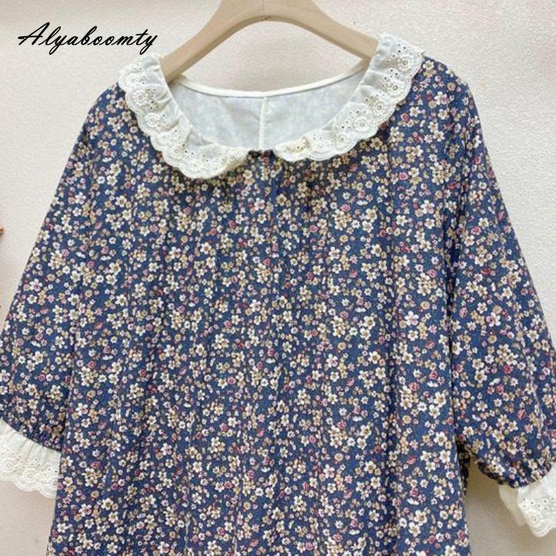 Японское летнее женское свободное платье Mori Girl с воротником Питера Пэна, лоскутное платье с вышивкой, ажурное платье из хлопка и льна, винтажное платье миди