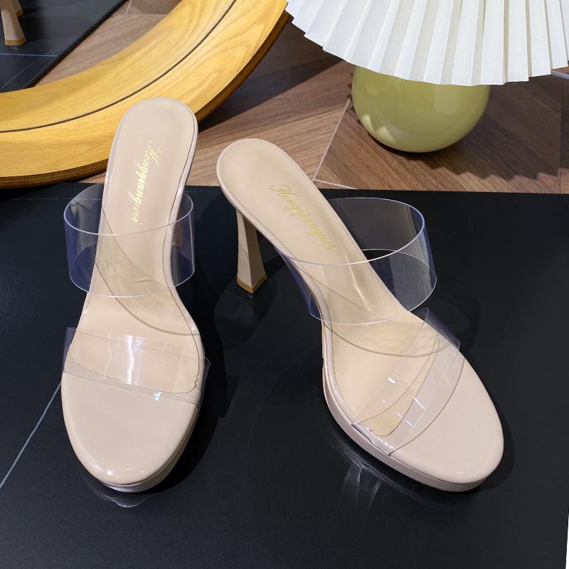 Transparent one-word strap super high-heeled slippers femininity sexy waterproof table open-toed stiletto slippers