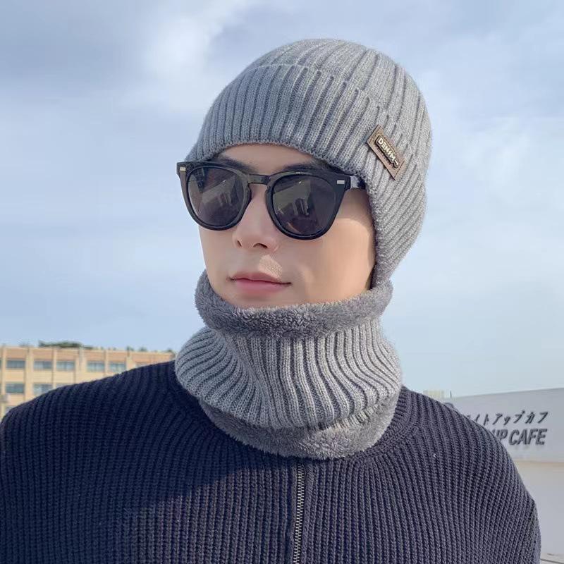 Knitted Hat, Autumn and Winter Men's Warm and Velvet Fashionable Woolen Hat New Versatile Ear Protection Hat Scarf Cold Protection Hat Thick Hat